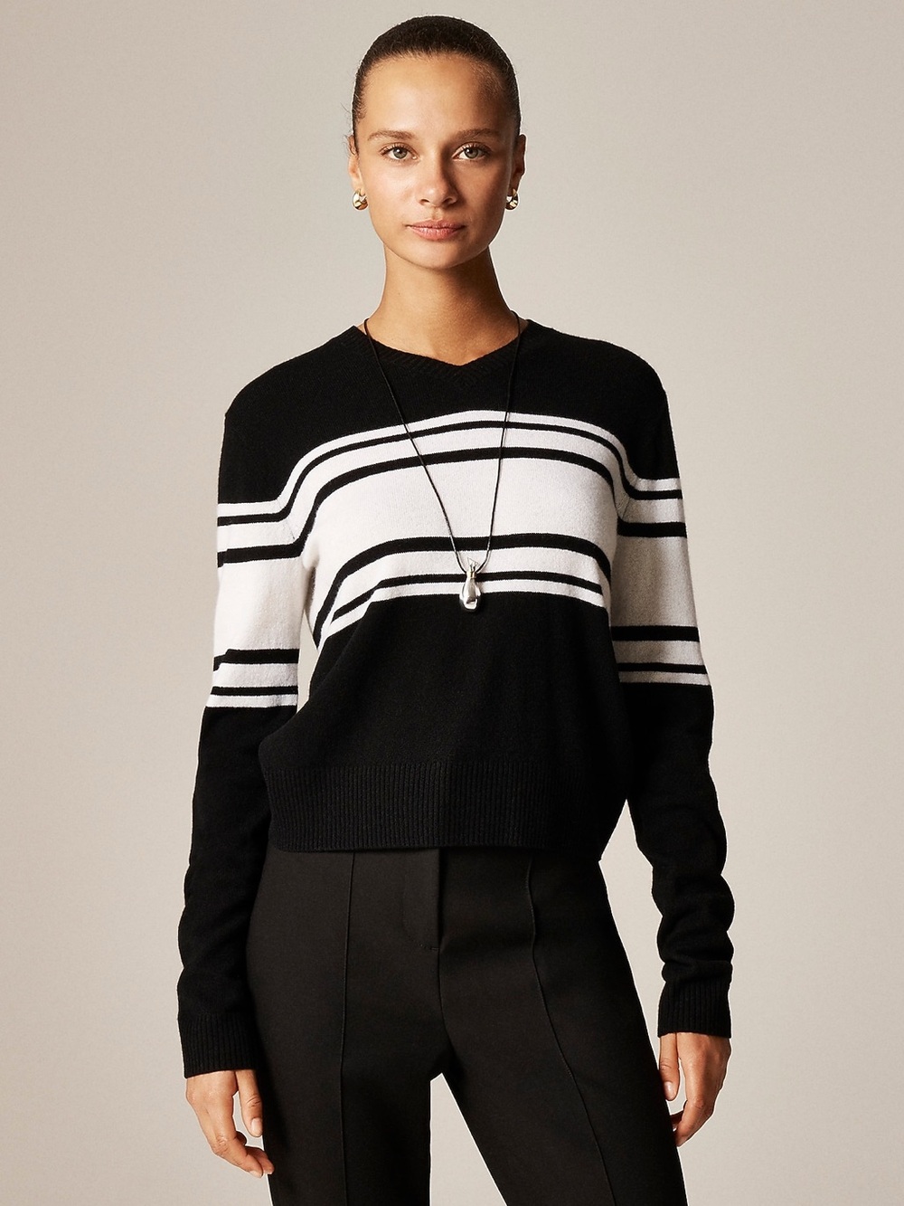NWT JCrew Cashmere High V-Neck Sweater in Stripe Black White Small $158 CR138